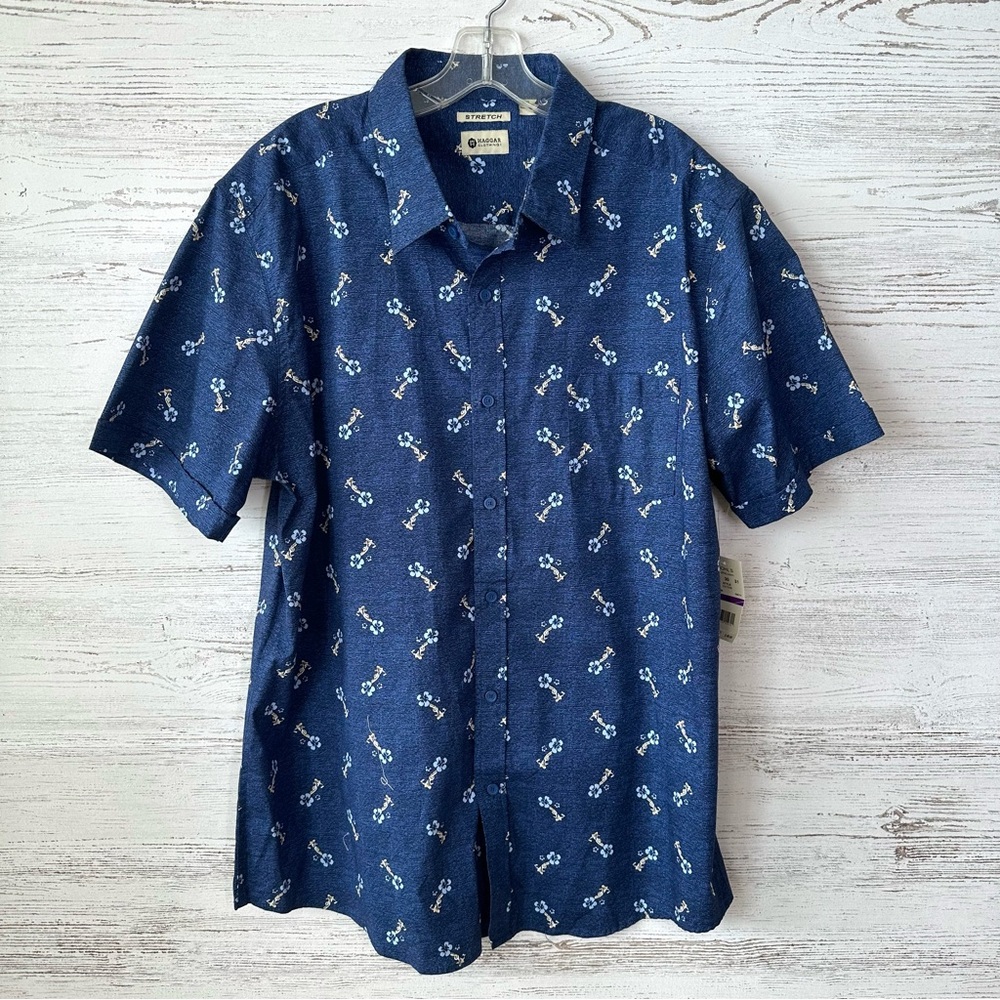*3/$20* NWT HAGGAR Tropical Hawaiian Floral Stretch Cotton Button Down Shirt XXL